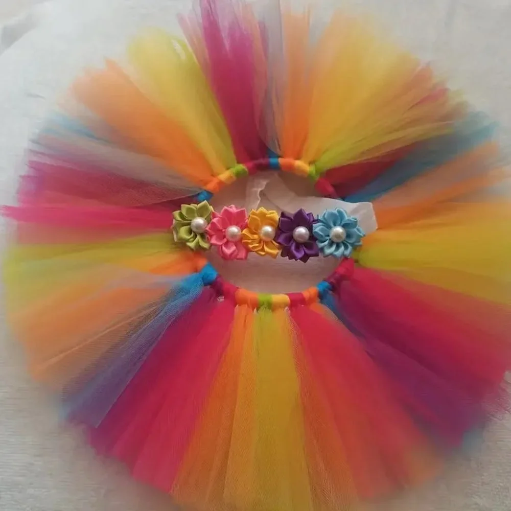 Set Baby Tutu Rainbow Skirt & Headband Flower Photography Prop 0-3 Mon GIFT - Picture 3 of 4